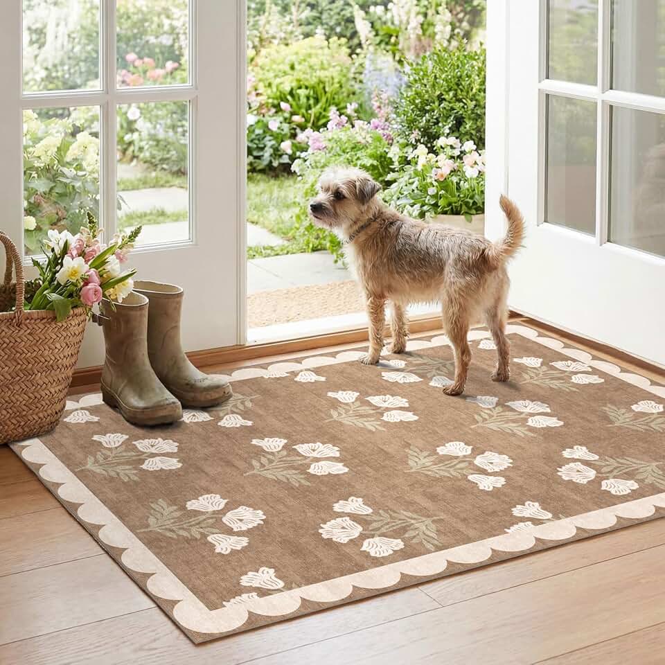 Floral Outdoor Rugs, 28"x43" Front Door Mat Indoor Outside Entrance | Non-Slip Washable Outdoor Mat Tan Boho Neutral Farmhouse Throw Rugs for Entryway Kitchen Bedroom Fall Front Porch Decor OEKO-TEX STANDARD 100
