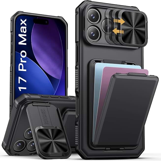 SSLOTSCASE for iPhone 17 Pro Max Case with Card Holder &amp; Kickstand, Black | Slide Camera Lens Cover &amp; Camera Stand &amp; Wallet, Military-Grade Heavy Duty Phone Case Cover for iPhone 17 Pro Max 5G 2025 Global Recycled Standard