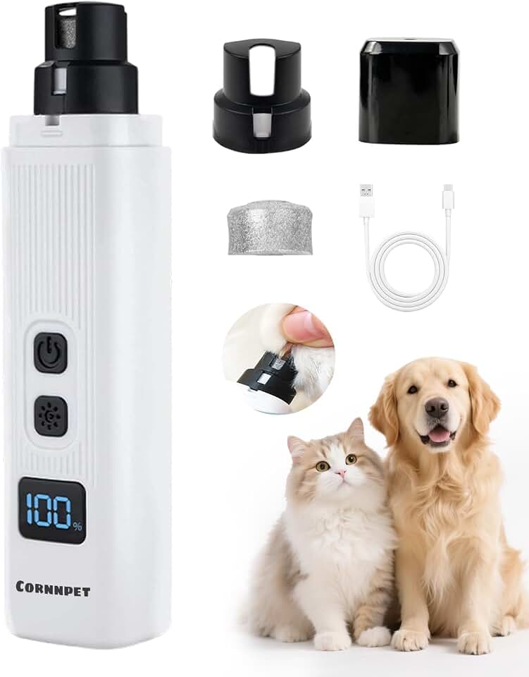 Electric Dog Nail Grinder with 2 Level LED Lights, 2 Speed 30dB Super Quiet and Low Vibration Turbo Charge Pet Nail Grinder for Small Dogs and Cats - White