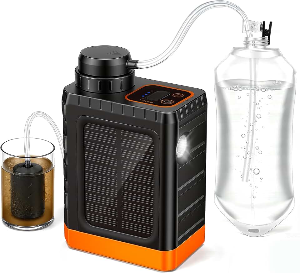 3-in-1 Portable Electric Water Filter for Survival Kit &amp; Emergency | 8-Stage Solar &amp; Hand-Pump Water Purifier, 0.01μm Filtration, LED Light &amp; TPU Water Pouch for Camping, Hiking, Backpacking