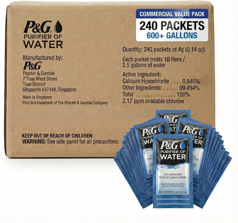 P&amp;G Purifier of Water Portable Water Purifier Packets (240 Packets) - Emergency Water Filter Purification Powder for Emergency Kit, Survival, Camping, Hiking, Backpacking, and Disaster Preparedness