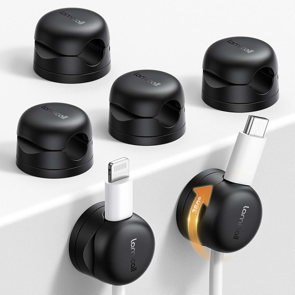 Lamicall 6 Pack Rotatable Cord Organizer, 1s Lock Spring Cable Holder Clips | Nightstand Desk Office Organizer Accessories, Home Dorm Phone Charger Cable Management, Adhesive Wire Keeper for Wall Car Global Recycled Standard