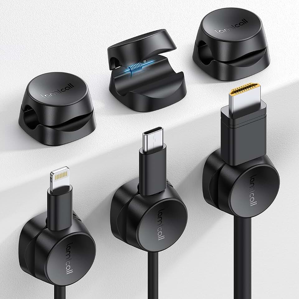 Lamicall 6Pack Cord Organizer, [1s Lock] Spring Cable Holder Clips for Desk | Cable Management Clips, Phone Charger Cord [Smooth Adjustable], Adhesive Wire Organizer Keeper for Nightstand Home Car Office Global Recycled Standard