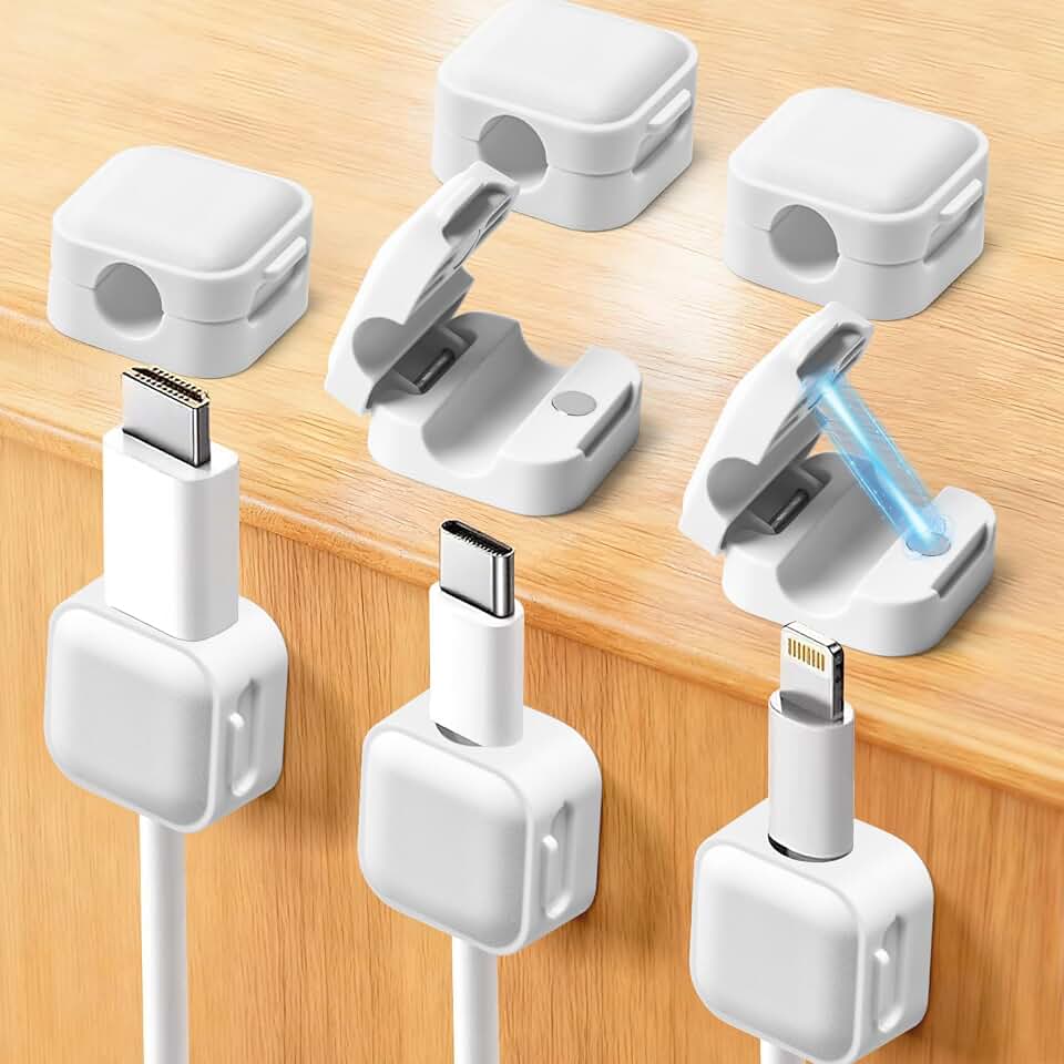 Art3d 8-Pack Magnetic Cable Clips, Cord Organizer, Office Cable Management | White, Cord Smooth Adjustable, Adhesive Backing, Home, Desk, Nightstand, Car Organization