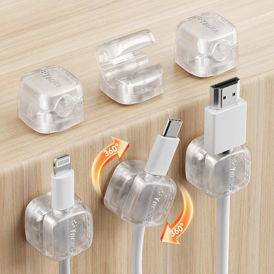 6Pack Cable Clips Cord Organizer for Desk, 360° Rotatable, Clear | Residue-Free Adhesive Mount, One-Hand Spring Operation, Fits Cables as Thick as a Pencil, Keyboard Keycap Compact Size