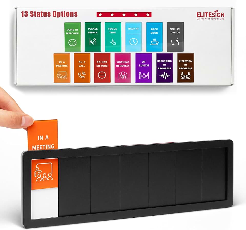 Office Door Sign with 7-Zone Sliding Design, 13 Interchangeable Status Options, Do Not Disturb, In a Meeting, Please Knock, Custom Privacy Door Slider for Office &amp; Conference Room, Patent Pending (Black)