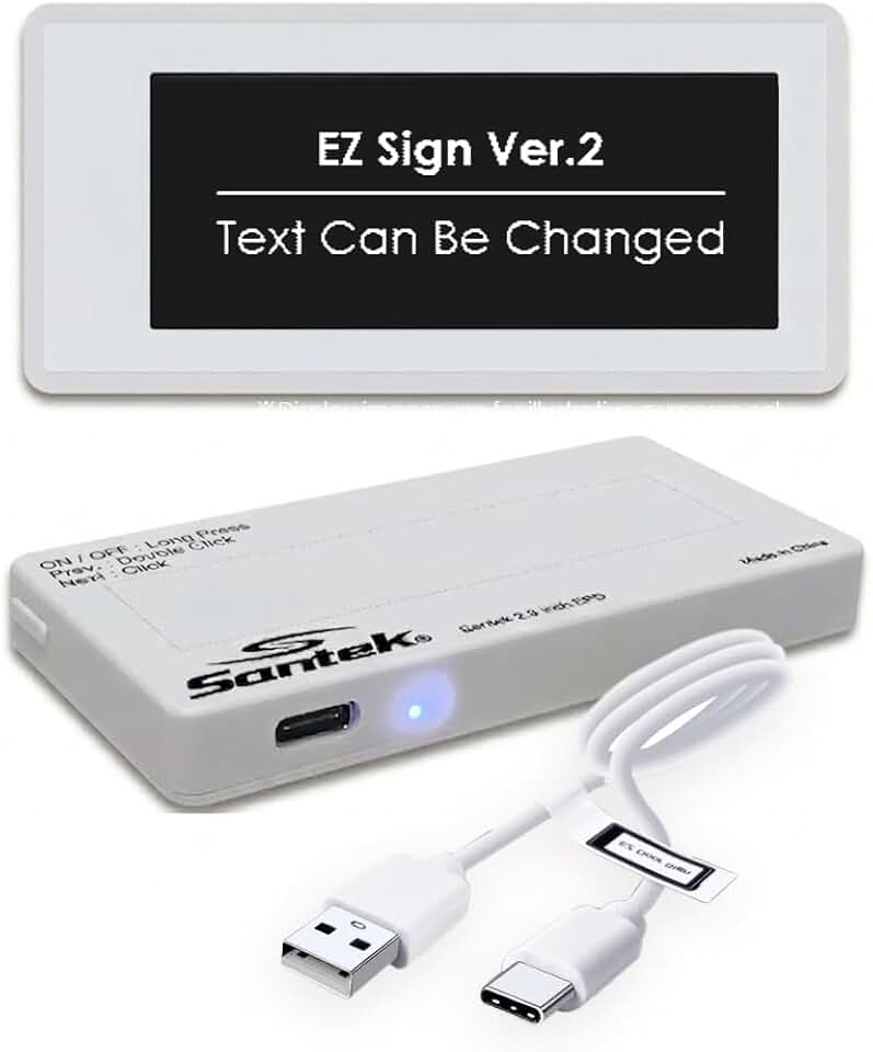 Santek EZ Door Sign (2nd Gen) 2.9 Inch E-Paper Digital Signage, Rechargeable, Cordless, Low Power Tricolor Eink Display with 5 Customizable Messages, Office Door Sign, Available and Away, Out to