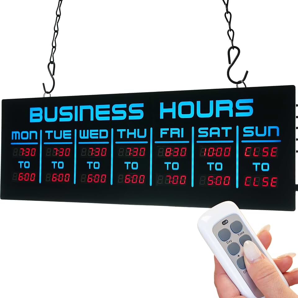 Digital Business Hours Sign by ELEMENT LUX - Electronic Programmable Hours of Operation Signs for Business with Ultra Bright LEDs for Glass Door - Remote and Hanging Kit - 16in x 5.5in, Blue