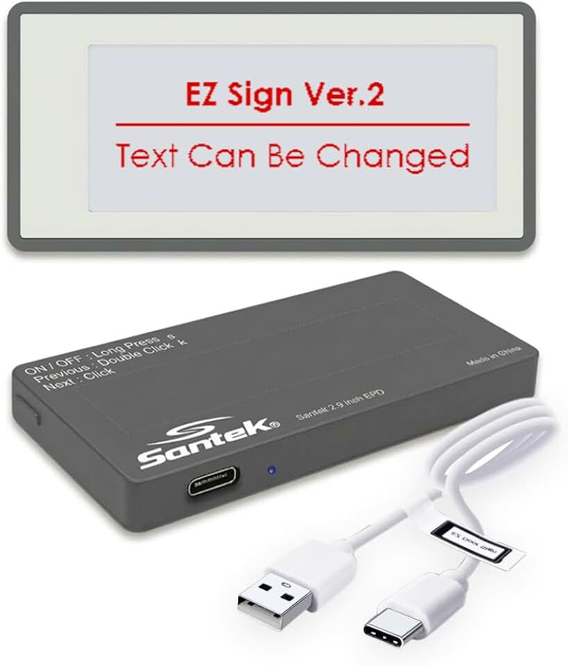 Santek EZ Door Sign (2nd Gen) 2.9 Inch E-Paper Digital Signage, Rechargeable, Cordless, Low Power Tricolor Eink Display with 5 Customizable Messages, Office Door Sign, Available and Away, Busy, On Air