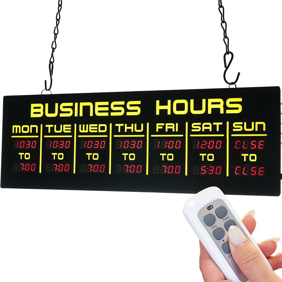 Digital Business Hours Sign by ELEMENT LUX - Electronic Programmable Hours of Operation Signs for Business with Ultra Bright LEDs for Glass Door - Remote and Hanging Kit - 16in x 5.5in, Yellow