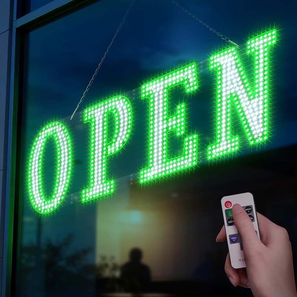 Open Sign for Business 40" x 14", Bright LED Open Sign with Remote Control, 14 Flashing Modes, Adjustable Brightness &amp; Speed, for Large Storefront Window or Glass Door (Green and White)