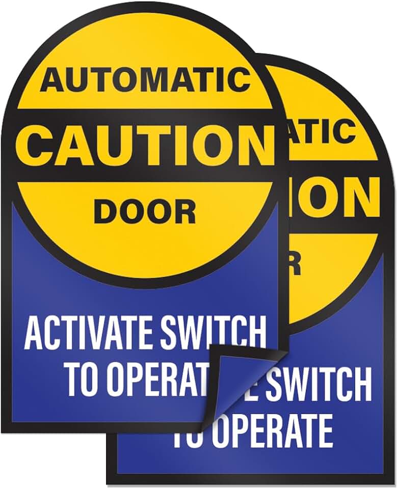 2pk Caution Automatic Door Activate Switch to Operate Double Sided Stickers | Signs for Sliding Glass Doors | Weatherproof Vinyl Safety Door Decals, 6" Diameter