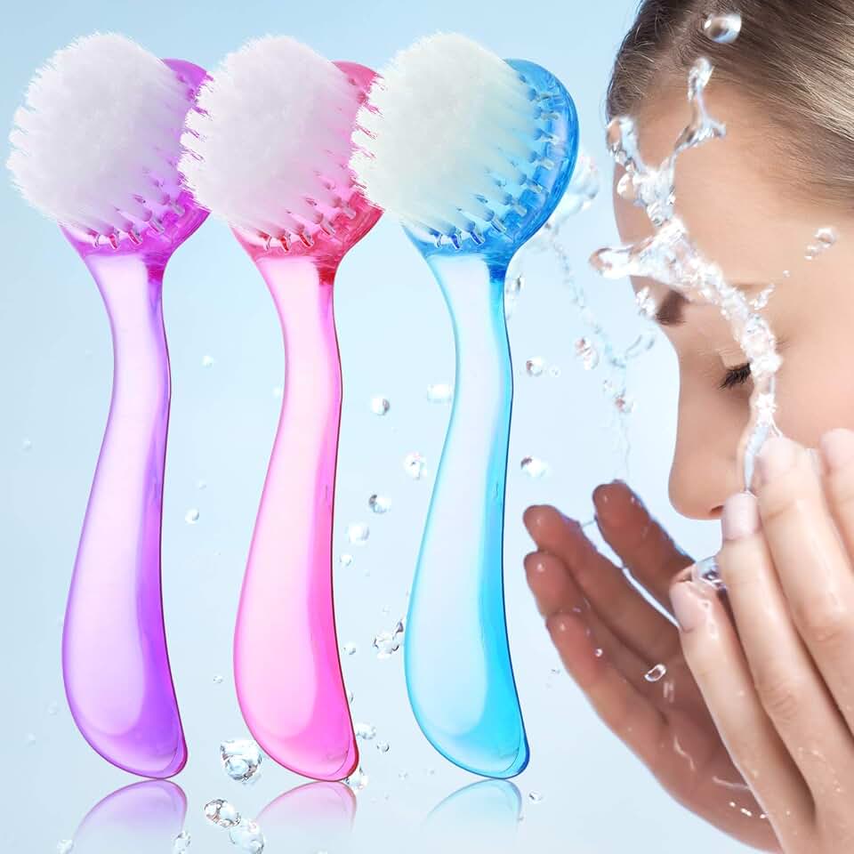 Patelai 3 Pieces Facial Cleansing Brush Face Scrub,Pink, Purple, Blue | Acrylic Handle for Manual Cleaning, Exfoliating Facial Brush for Makeup Removal, Gentle Bristle Skincare Scrubber