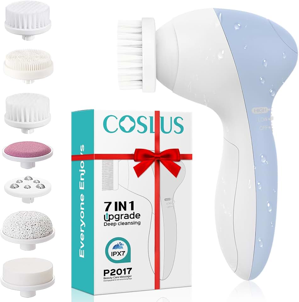 COSLUS Facial Cleansing Brush Face Scrubber, 7-in-1 Rotating Design | Electric Exfoliator Massage Brush for Deep Cleaning, Gentle Skin Care, for Men and Women, Waterproof, Blue, Upgrade Set