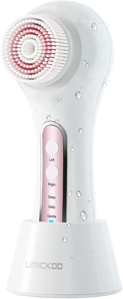 UMICKOO Electric Facial Cleansing Brush, 2-Way Rotating Face Scrubber for Daily &amp; Deep Cleaning, 3 Modes, 5 Brush Heads, Rechargeable, IPX7 Waterproof for All Skin Types