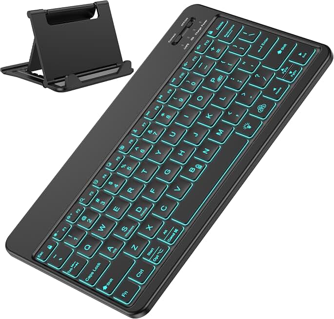 OMOTON Bluetooth Tablet Keyboard Rechargeable with Backlit, Oversize Keycap | Ultra-Slim Wireless Keyboard for Samsung Tablet, iPad, Smartphone, Android/iOS/Windows, Foldable Stand, Travel Office, Black