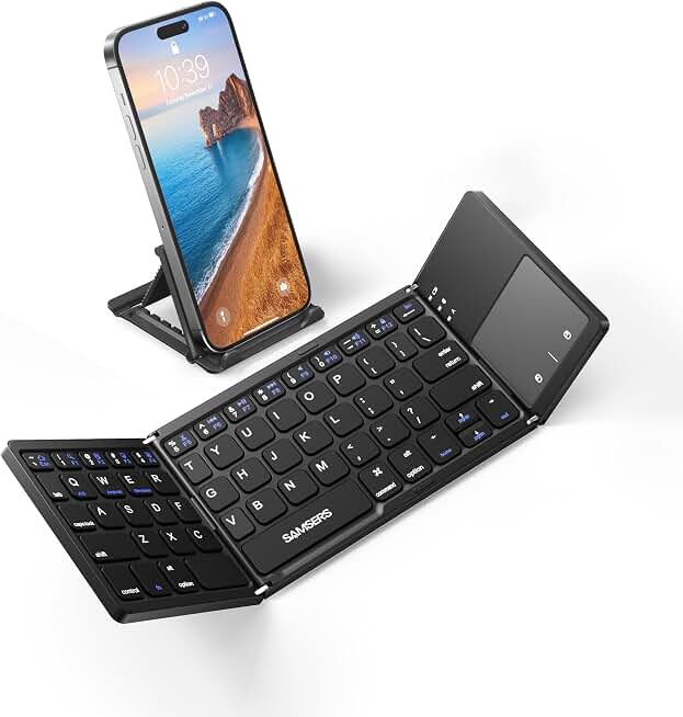 Samsers Foldable Bluetooth Keyboard with Touchpad, Ultra Slim Compact,Black | Multi-touch Trackpad, Full Size, Phone Holder, USB-C Charging, 1 Device, for Android Windows iOS Mac OS, Mobile Productivity