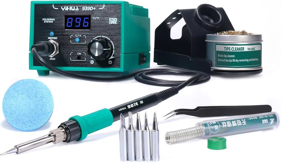 YIHUA 939D+ Digital Soldering Station, 75W Equivalent with Precision Heat Control (392°F to 896°F) and Built-in Transformer. ESD Safe, Lead Free with °C/°F display (Green)