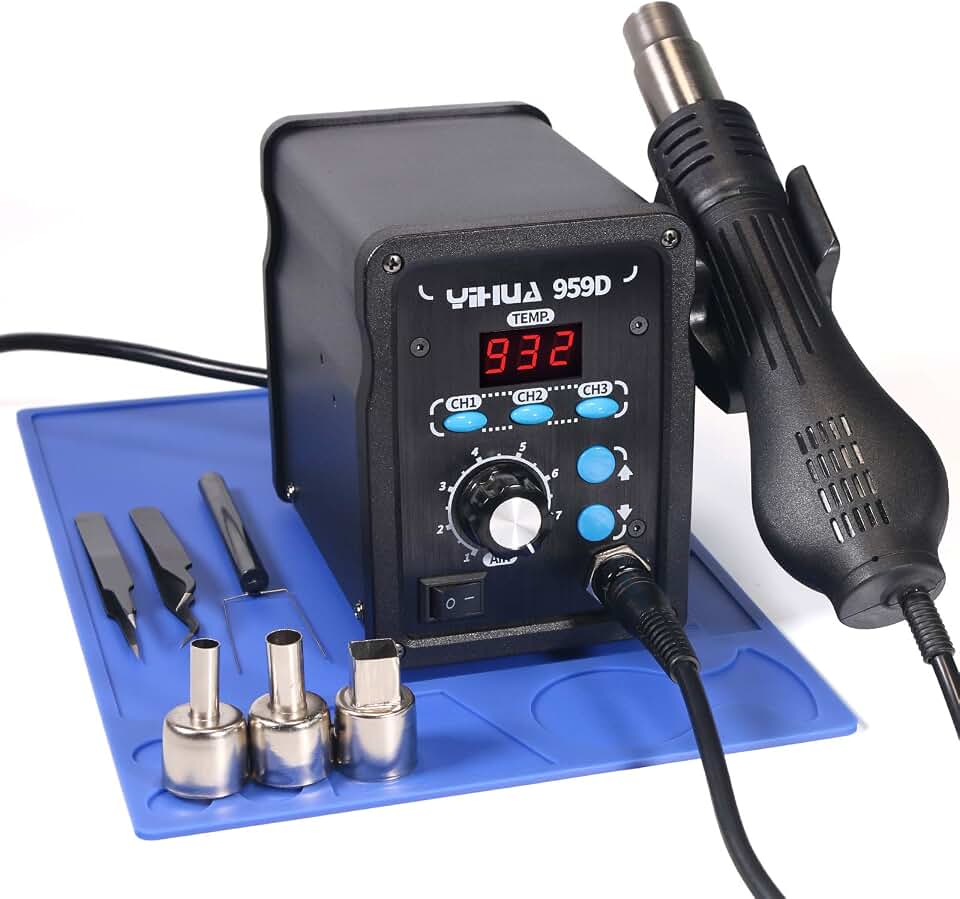 YIHUA 959D-Digital Hot Air Rework Station, High Power with 3 Memories, Airflow Efficiency, °F /°C Display, Accurate Temp.(212°F~932°F), Brushed Aluminum Panel &amp; Safety Features