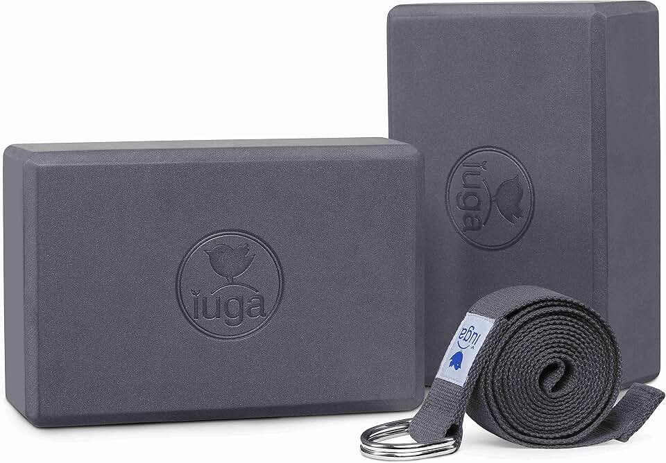 IUGA Yoga Blocks 2 Pack With Strap Non Slip High Density 9"x6"x3" Solid &amp; Cork Yoga Block With Yoga Strap to Improve Strength Balance for Yoga Pilates Meditation