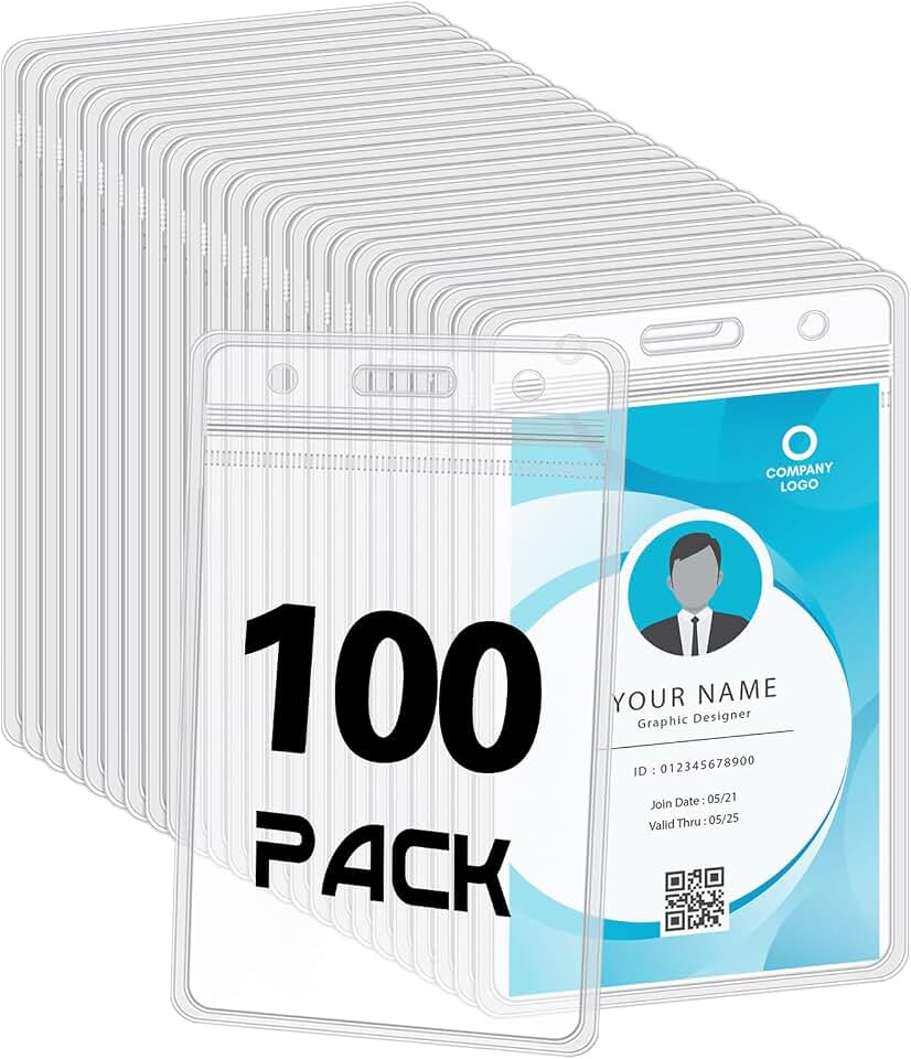 100 Pack Vertical ID Badge Holders, Clear Waterproof Plastic Card Holder | Resealable zip closure, PVC plastic, dustproof, scan-through clear design, fits ID, work, student and name cards