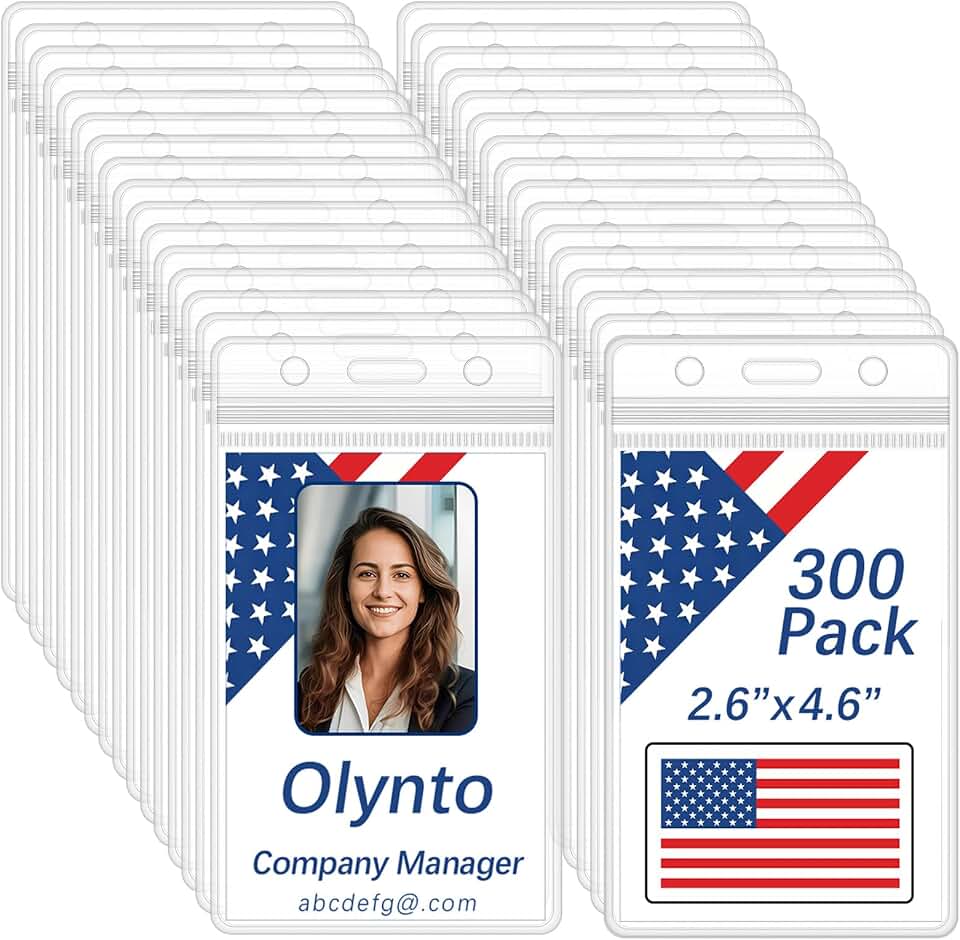 300 Pack Clear Waterproof ID Badge Holder, Vertical Plastic ID Holder for Lanyards, Badge Cover Employee Name Tag Work Card Sleeve for Office School Business
