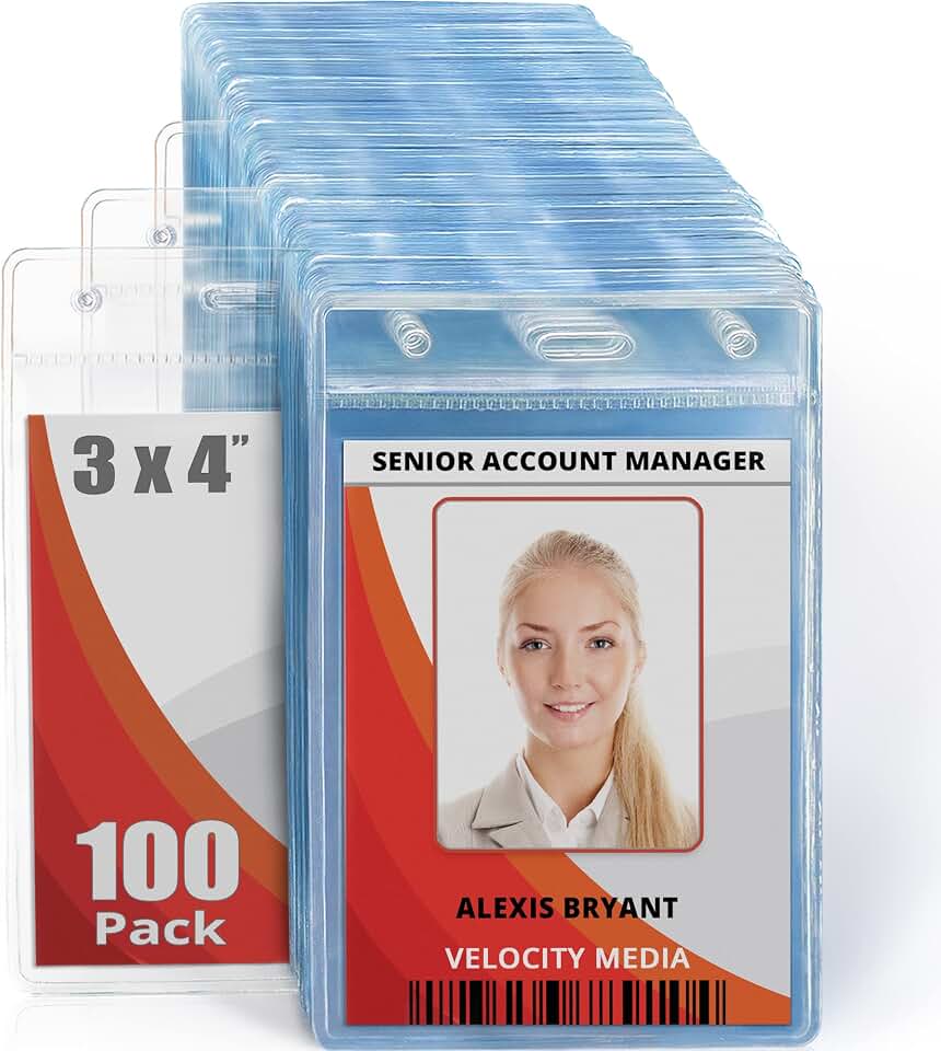 3x4 Vertical ID Name Badge Holder - Quick Load Zipperless, 100 Pack | Mifflin clear plastic identification card &amp; name tag holders, soft edge, no zipper, pre-punched holes for all lanyard clips