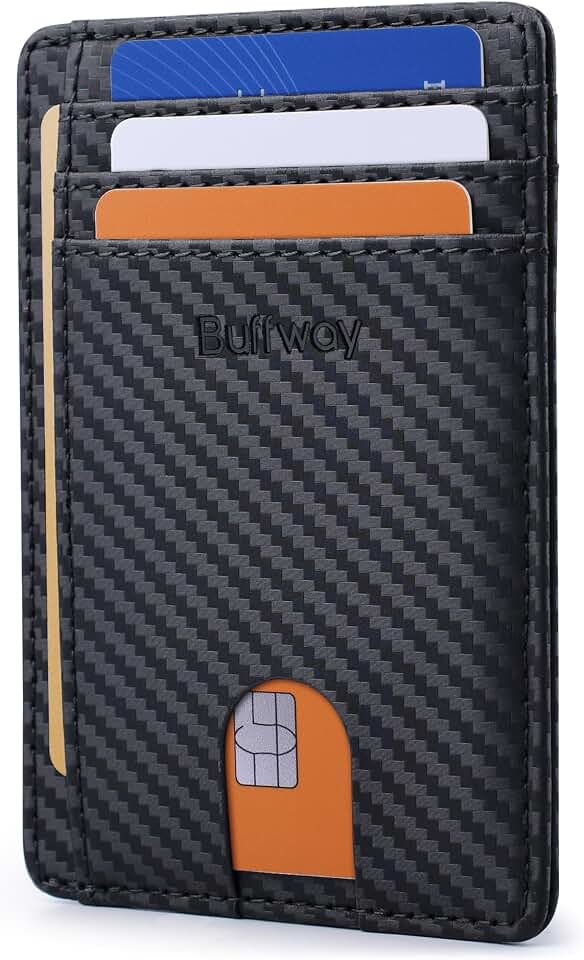 Buffway Slim Minimalist Front Pocket RFID Blocking Leather Wallets for Men and Women - Carbon Fiber Black