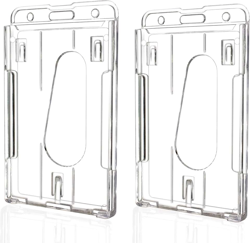 Teskyer Hard Plastic ID Badge Holder, Vertical, 2 Pack | Impact-Resistant Polycarbonate, Crystal-Clear &amp; Anti-Yellowing, Holds 2 Cards, Thumb Slot Access, Scan Without Removing Card