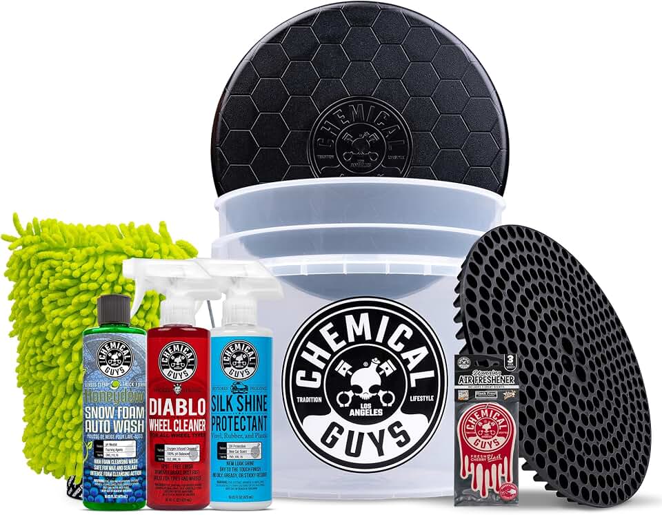 Chemical Guys, 8-Piece Arsenal Builder Car Wash Kit, Bucket &amp; Chemicals | Bucket, dirt trap, lid, wash mitt, air fresheners and three care chemicals for a complete starter wash