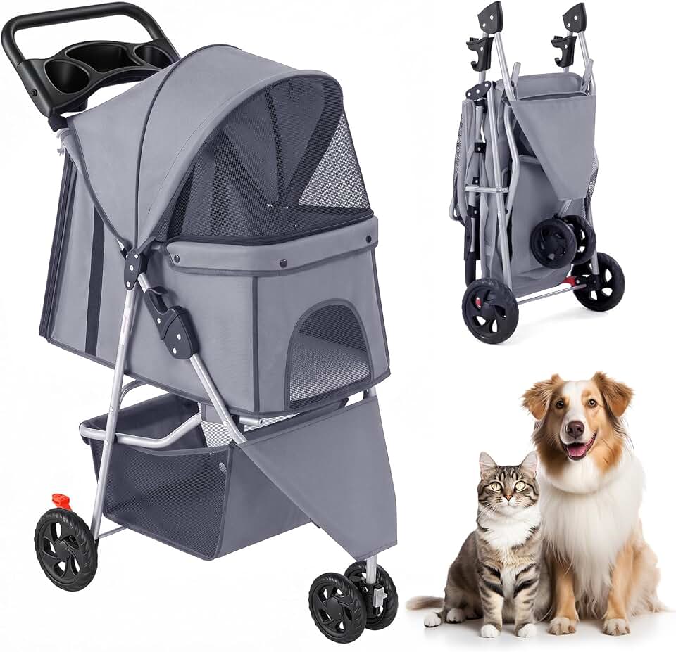3 Wheel Pet Stroller for Dogs and Cats, Foldable, Lightweight and Durable, Ideal for Small to Medium Pets, Includes Storage Basket and Cup Holders