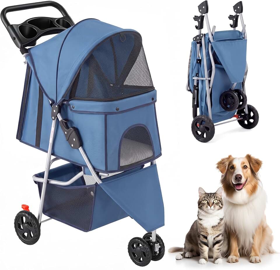 3 Wheel Pet Stroller for Dogs and Cats, Foldable Design | Lightweight and Durable, Ideal for Small to Medium Pets, Includes Storage Basket and Cup Holders, Blue