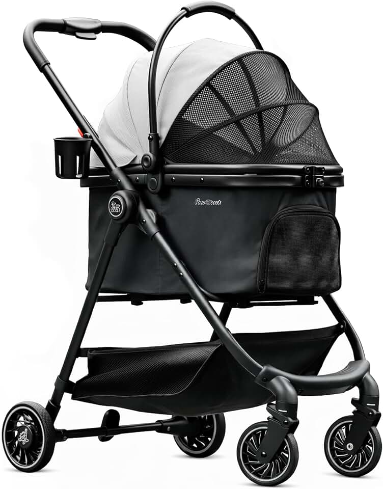 Pet Stroller for Small Dogs and Cats, One-Click Foldable Dog Stroller with Detachable Carrier &amp; 3 Safety Tethers, Holds up to 33 lbs, Storage Basket &amp; Cup Holder, Breathable Mesh, Black