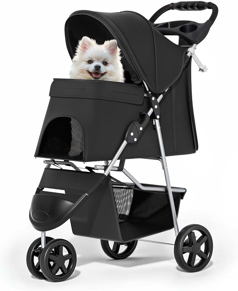MoNiBloom Pet Stroller for Small/Medium Dogs and Cats up to 33 lbs, Black | Foldable Dog Stroller 3 Wheels Pet Strolling Cart w/ Storage Basket Cup Holder, Breathable and Visible Mesh for All-Season