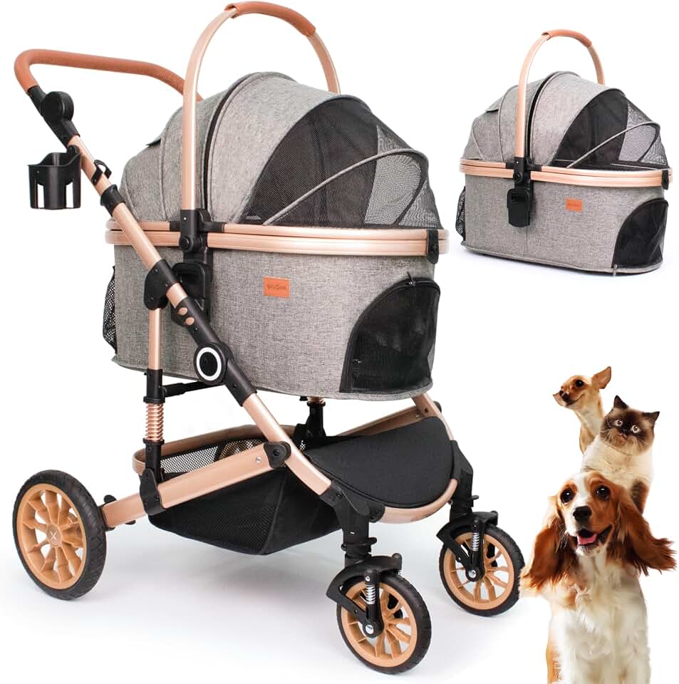Bicystar Dog Stroller with Detachable Carrier, Rubber Wheels, 50 lbs, Grey | 3-in-1 stroller and car seat, real solid rubber wheels, fits 2 small or 1 medium pet, foldable frame