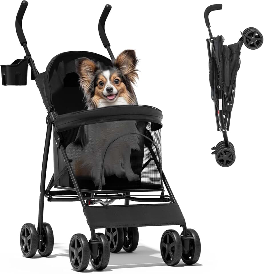 Magshion Compact Fold Pet Travel Stroller for Small Dogs Cats, Black | Up to 22lbs, 4-Wheel Lightweight Umbrella Shaped Design, Safety Tethers, Breathable Mesh, Cup Holder &amp; Rear Storage