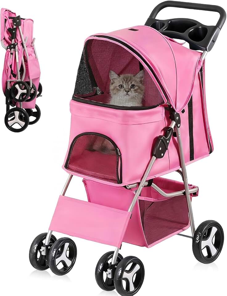 ZENY Foldable Pet Stroller, Cat/Dog Stroller with 4 Wheels | Pet Travel Carrier Strolling Cart with Storage Basket, Cup Holder (Pink)
