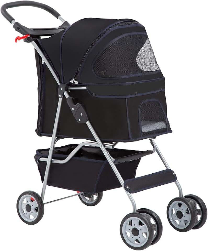 BestPet | 4-Wheel Foldable Pet Stroller | Black | Lightweight &amp; Portable | Travel Carrier with Mesh Windows, Storage Basket, Cup Holder, Safety Brakes, and Waterproof Fabric | For Small Dogs and Cats