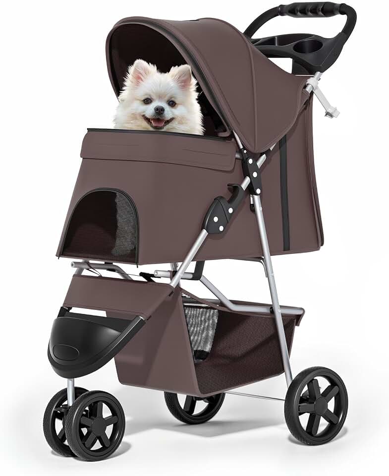 MoNiBloom Pet Stroller for Small/Medium Dogs and Cats up to 33 lbs, Coffee | Foldable Dog Stroller 3 Wheels Pet Strolling Cart w/ Storage Basket Cup Holder, Breathable and Visible Mesh for All-Season