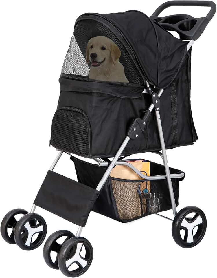 4 Wheels Pet Stroller Dog Cat Stroller for Small Medium Dog Cats Foldable Carrier Jogger Travel Puppy with Storage Basket and Cup Holder (Black)