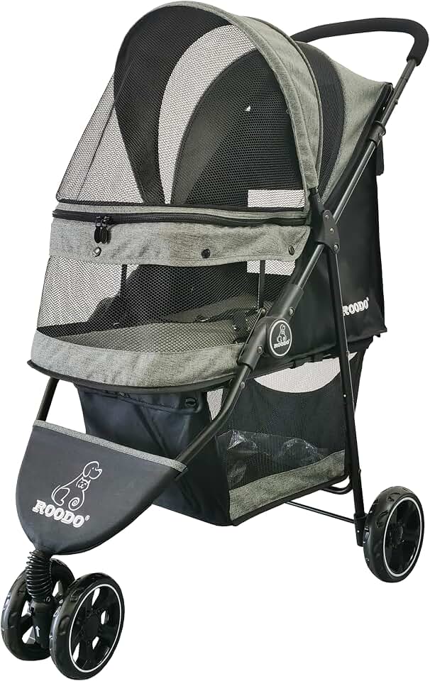 ROODO 3 Wheel Dog Pet Cat Stroller Best Lightweight Foldable Compact Portable Jogger All Terrain Travel Pet Gear Puppy Kitty Stroller for up to 30lbs Medium Small Dogs and Cats(Cationic ash)