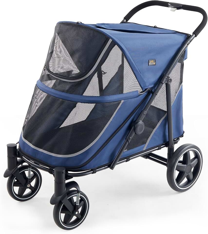 CANINE CANYON All-Terrain Pet Stroller for Large &amp; Medium Dogs | Easy fold, 130 lbs capacity for 2 dogs. Dual entry, 1-foot brake, sunroof &amp; breathable windows for outdoor adventures, Blue