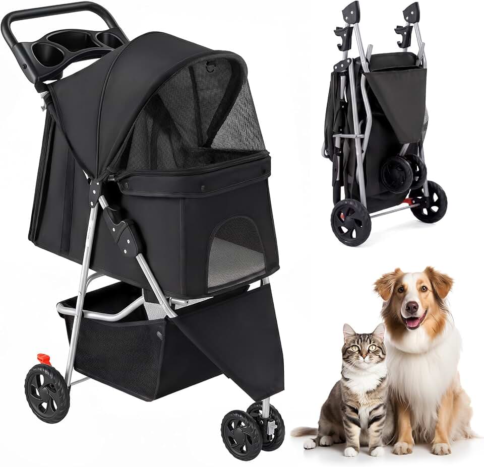 3 Wheel Dogs Stroller for Small to Medium Pets, Foldable Design | Includes Storage Basket and Cup Holders, Lightweight and Durable, Ideal for Dogs and Cats, Black