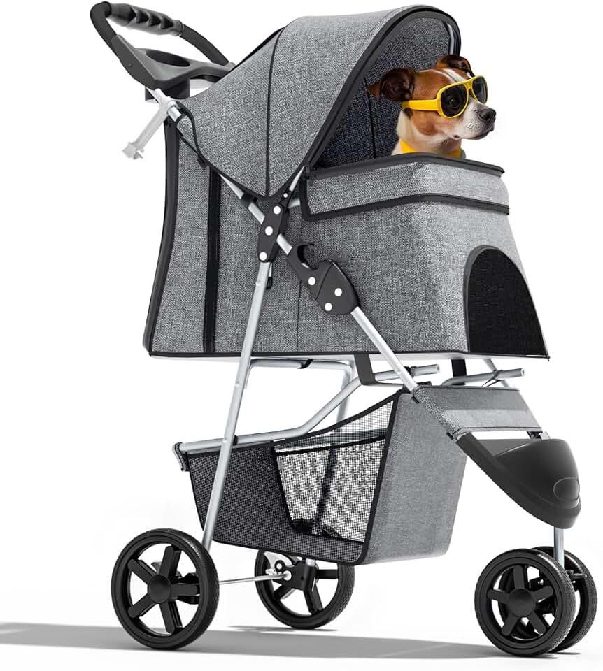 Magshion 3-Wheel Pet Stroller for Small/Medium Dogs &amp; Cats, Up to 33lbs | Foldable Travel Jogger w/ Breathable Mesh Cover, Lightweight Design, Safety Tethers, Cup Holder &amp; Storage Basket