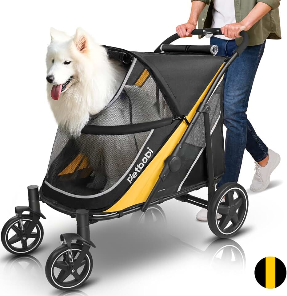 Petbobi Dog Stroller for Large Medium Dogs up to 80 lbs, Dual Entry | One-Hand Fold, One-Foot Brake, All Terrain 360 Swivel Front Wheel, Heavy Duty Air Mesh Wagon, Low Step-In for Senior Pets