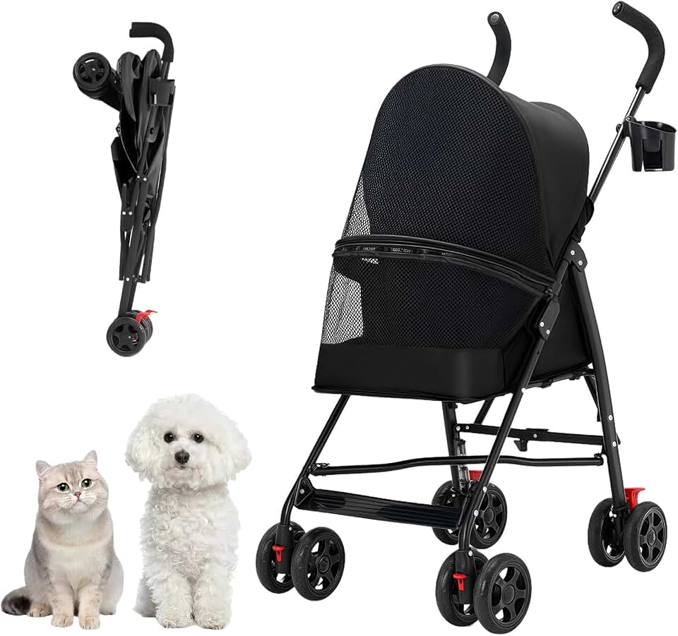Cat Stroller Foldable Lightweight for Small Dogs Cats 0-15 lb Black | Dog strollers for small dogs, 4 wheels, cup holder, breathable mesh.Perfect for travel, hiking, and outdoor adventures.