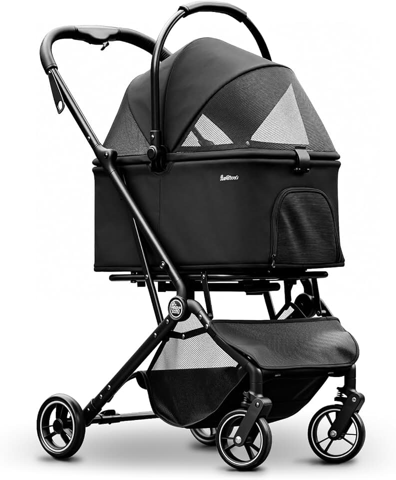 4 Wheels Pet Stroller, Dog Stroller for Small/Medium Dogs and Cats up to 33 lbs, One-Click Fold &amp; Draggable, Removable Carrier, Zipperless Entry, Mesh Windows, Black