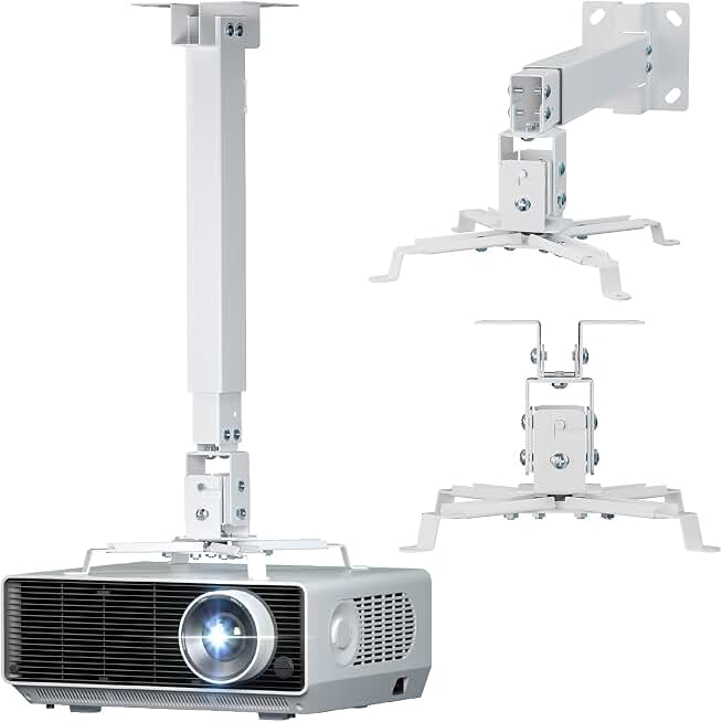 WALI Universal 3-in-1 Projector Ceiling Wall Mount for LCD/DLP Projectors | Height Adjustable Projector Bracket with Extension Pole, Supports up to 44lbs, (PM-003-W), White