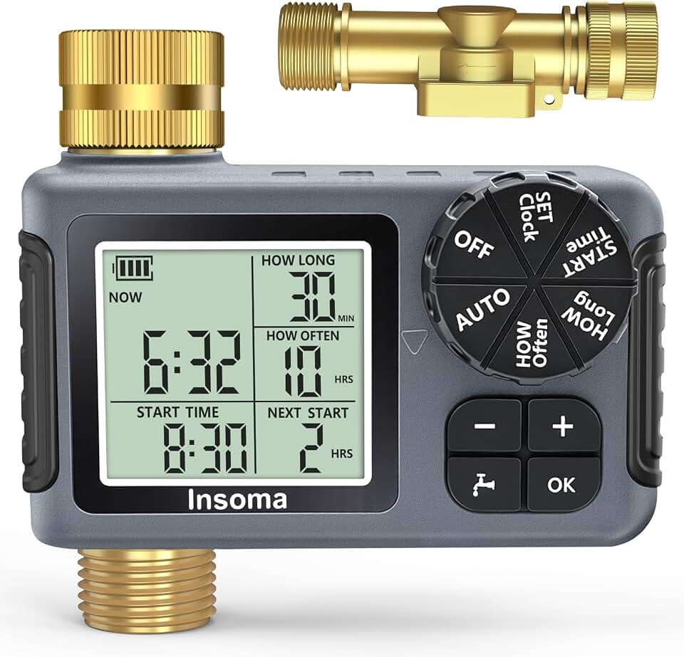 Water Timer for Garden Hose with 100% Metal Pipe, Programmable Sprinkler Controller for Garden Faucet with Auto/Manual/Rain Delay Mode, Irrigation Timers for Lawn, Yard, Outdoor Plants