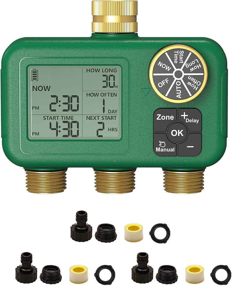 MOES 3 Zone Water Timer, Brass Fittings, Sequential Watering, No Wi-Fi | 3 Independently Programmable Outlets With 3/4 In Brass Fittings, Sequential Watering, Rain Delay, And No Wi-Fi.